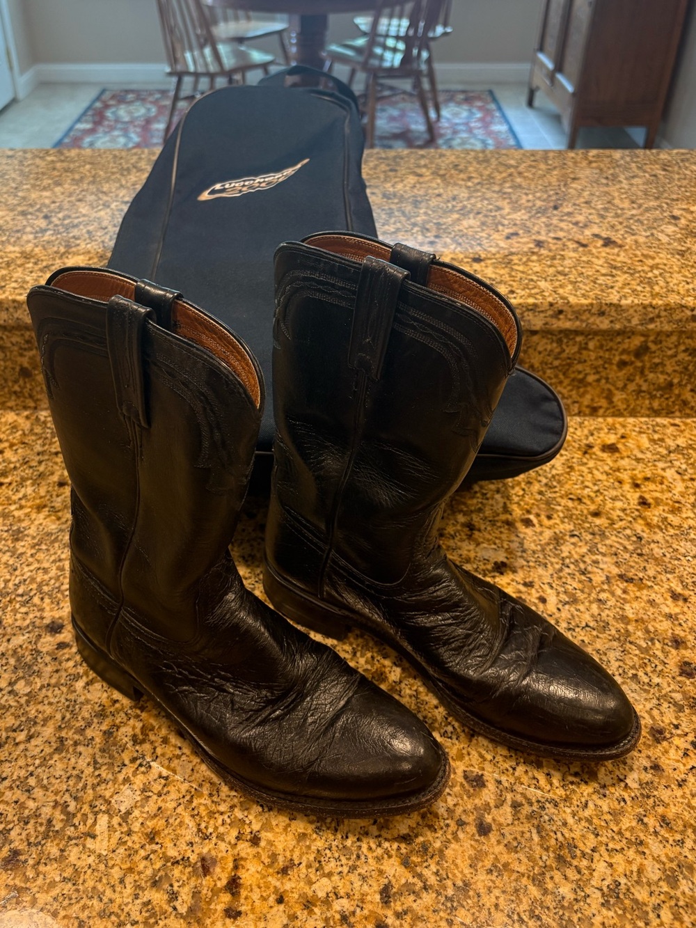 Lucchese 2000 Black Smooth Ostrich Roper Cowboy Western  Boots Men’s 8D w Bag